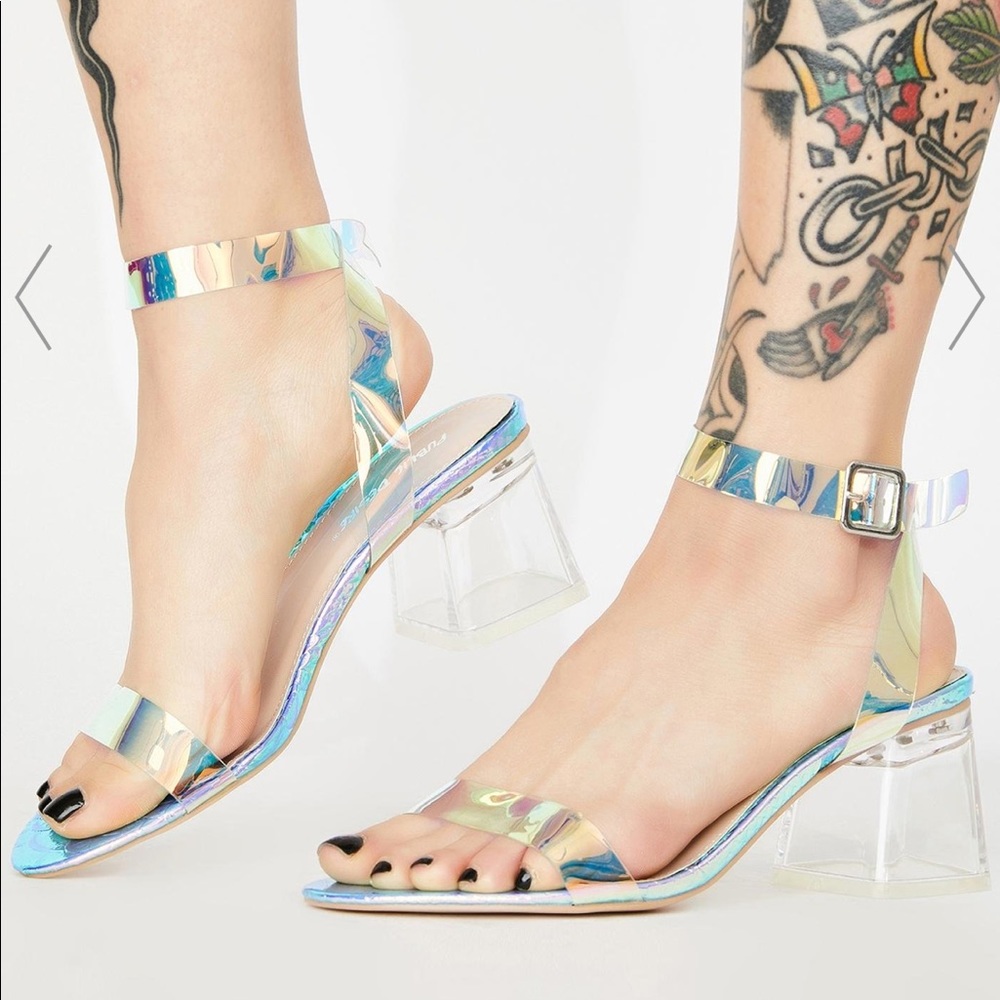 Public Desire Iridescent Holographic Strap Block Heel Sandals